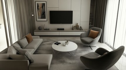 Modern living room interior with grey sofas, armchairs, and a coffee table.