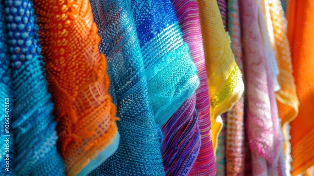 Aufkleber variety of colorful fabrics are hanging, showcasing their vibrant textures and intricate patterns. t