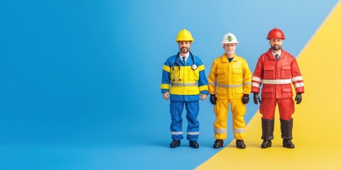 Three toy figurines in work gear on a colorful background.