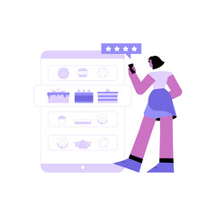 Female Customer Rating Online Bakery Products in Mobile Application. Flat Vector Illustration About Customer Feedback, Online Shopping, and User Interaction, Isolated on White Background