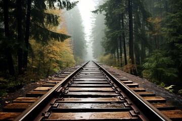 Fototapeta premium Misty forest landscape with railway tracks surrounded by autumn foliage in a serene setting
