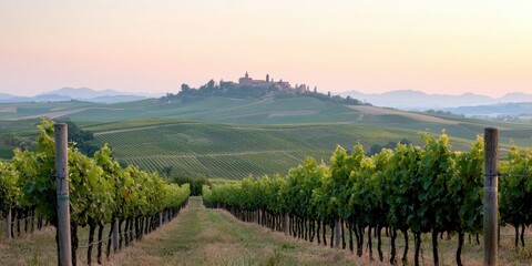 Fototapeta premium Vast vineyard landscape with hills and sunset in the background.