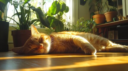 Lazy cat napping in sunlight, capturing a peaceful and slow Sunday vibe