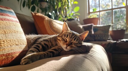 Lazy cat napping in sunlight, capturing a peaceful and slow Sunday vibe