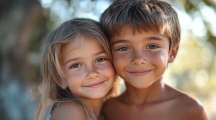 Close-up of happy smiling young siblings outdoors, boy and girl with warm expressions, natural light, childhood friendship, innocence, happiness, outdoor bonding moments