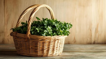 Obraz premium Straw-filled wicker basket with fresh herbs, rural freshness