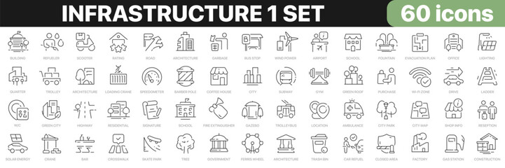 Infrastructure 1 set line icons collection. Buildings, park, police, hospital, transport, construction, environment icons. UI icon set. Thin outline icons pack. Vector illustration EPS10