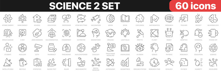Fototapeta premium Science 2 set line icons collection. Technology, research, medicine, education, robotic, school icons. UI icon set. Thin outline icons pack. Vector illustration EPS10
