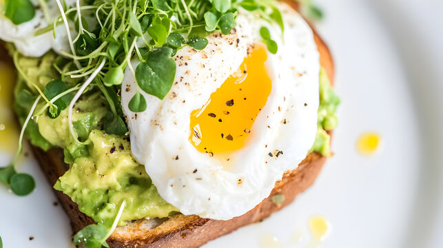 Close-up of avocado toast with poached egg and microgreens.