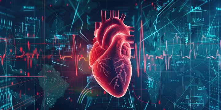 Study Physiology. Human Heart Anatomy Illustration on 3D ECG Medical Background