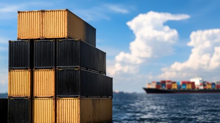 Fototapeta premium A stack of cargo containers on a dock with a cargo ship in the background, under a blue sky with fluffy clouds.