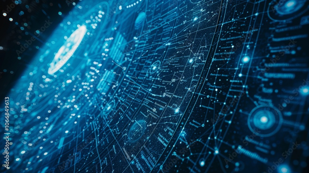 Poster glowing blue network data connections flowing on a dark background, visualizing data processing and 