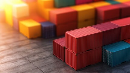 Colorful shipping containers are stacked on a warehouse floor, creating a vibrant industrial backdrop with warm lighting highlighting their surfaces.
