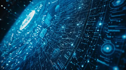 Glowing blue network data connections flowing on a dark background, visualizing data processing and server activity in a futuristic concept