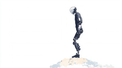 A minimalist illustration of a humanoid robot standing on a small platform, conveying themes of technology and isolation.