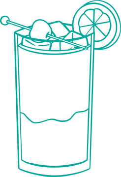 Line art illustration of a glass of tequila sunrise cocktail, coloring page bar menu