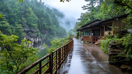 A narrow road along a cliffside, with wooden fences on both sides, leading to a mountain house surrounded by forests. It&rsquo;s a rainy day, with the sky covered by white clouds.