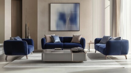 Modern living room interior with blue velvet sofas, a coffee table and abstract art