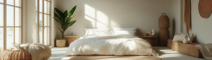 A serene bedroom with natural light, featuring a large bed, woven decor, and greenery, creating a cozy and inviting atmosphere.