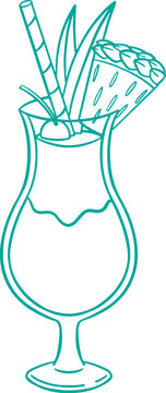 Line art illustration of a glass of pina colada cocktail, coloring page bar menu