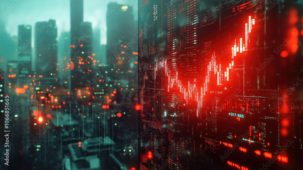 Poster exploring stock market crash with double exposure of declining graphs over a city backdrop today