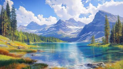 Obraz premium Stunning panoramic view of Glacier National Park in Montana with vibrant landscapes and serene lakes