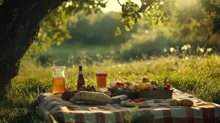 Sun-drenched picnic scene with food and drinks, symbolizing Sunday relaxation outdoors