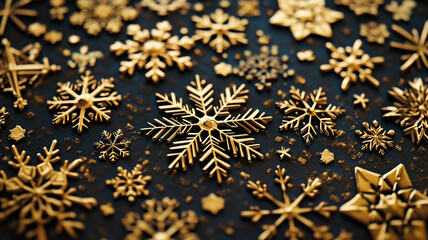 Golden snowflakes arranged creatively on a dark surface during a festive winter season
