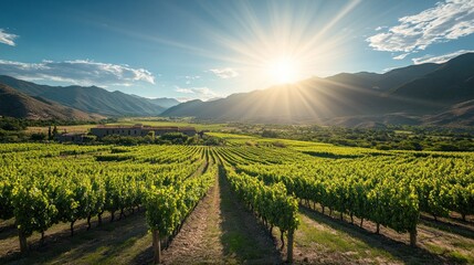 Naklejka premium a sprawling vineyard in Argentina, with lush green grapevines stretching across rolling hills under a bright blue sky.