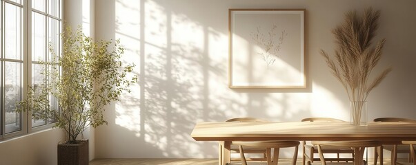A serene dining space illuminated by natural light, featuring a large table, stylish decor, and greenery that enhances the tranquil atmosphere.