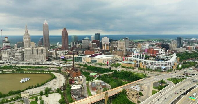 Urban landscape of downtown district of Cleveland in Ohio state, USA. American city skyline with high commercial buildings