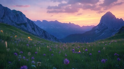 mountain plane just before sunrise, showcasing soft pastel hues of orange, pink, and purple lighting up the sky