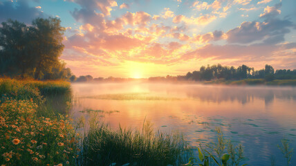 Obraz premium Mystical River Landscape, Summer Sunrise and Fog Create a Dreamy Scene
