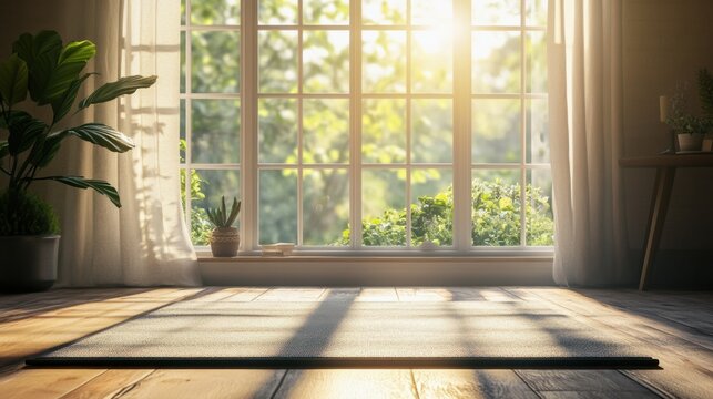 Yoga mat by an open window with morning light, perfect for a mindful Sunday routine