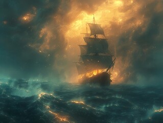 Dramatic Landscape: Sailing Ship Navigating a Stormy Sea with Golden Sunset