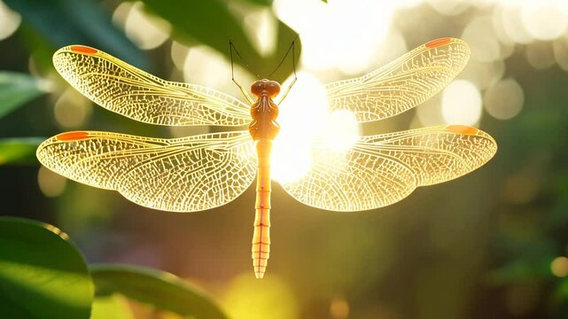 A dragonfly hovers in the sunlight, its wings translucent and delicate