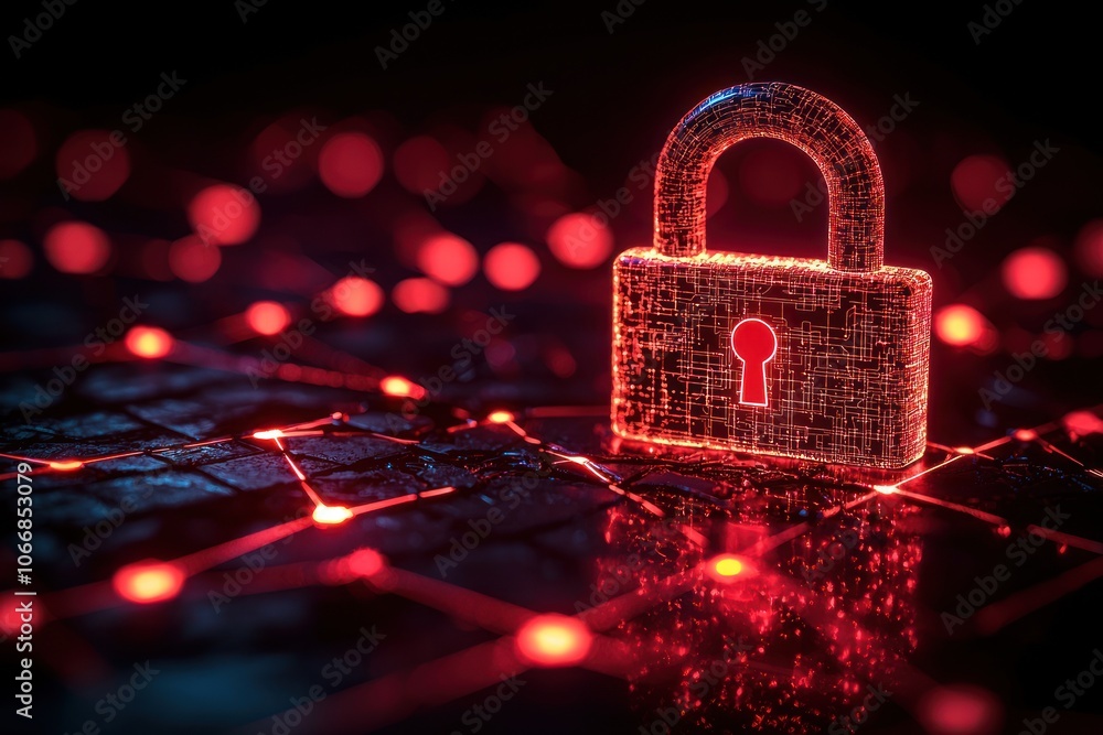 Poster Glowing Red Padlock on a Network of Lines