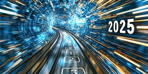 A futuristic representation of 2025, with dynamic light trails suggesting speed and progression through a digital tunnel.