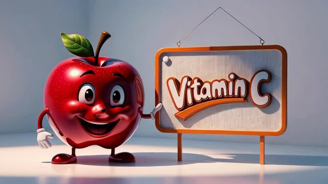Cartoon happy character apple with sign inscription vitamin C

