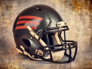 Fototapeta premium A classic football helmet with a retro design and bold stripes positioned against a vintage sepia-toned background blending tradition with modern photography