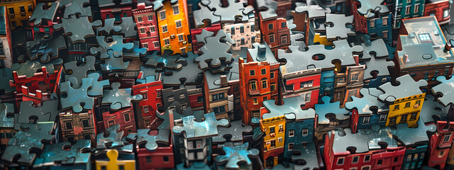 Obraz premium An overhead view of a colorful puzzle featuring intricate buildings, showcasing vibrant hues and a playful mix of architectural styles.