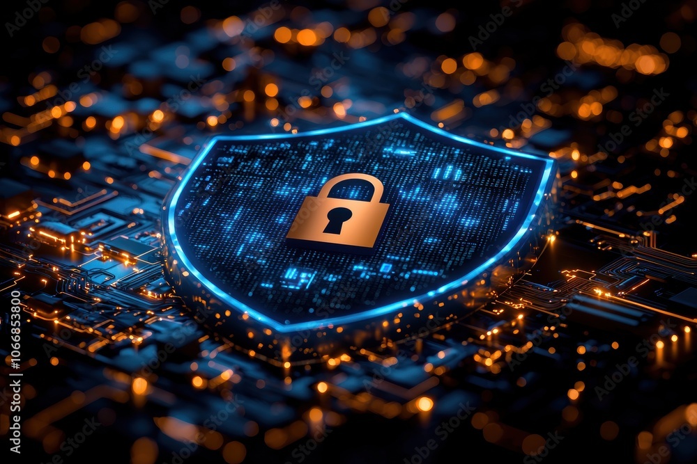 Poster a glowing shield with a padlock, symbolizing digital security on a circuit board