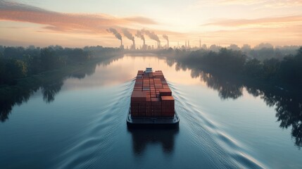 A large barge moves steadily along the river, loaded with numerous cargo containers. The sunrise paints the sky in warm hues as factories release smoke in the background