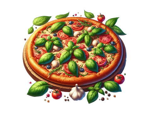 Top view of a vibrant, delicious pizza with fresh toppings. Raster generative ai.