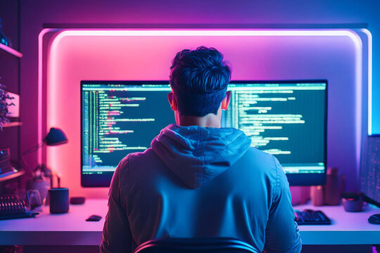 person writing code on a computer in a neon style room, view from the back