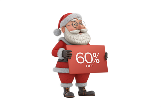 Santa claus christmas sale 60 percent off, isolated on transparent background.
