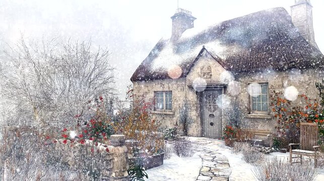a snowy day in front of a quaint traditional British cottage with a thatched roof and garden. Seamless looping time-lapse virtual 4k video animation background