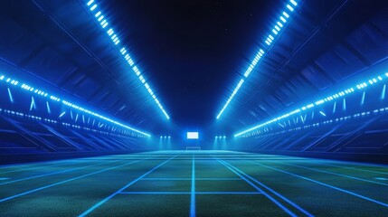 Stunning night view of a sports stadium with green grass and bright blue spotlights, ideal for a championship event. 