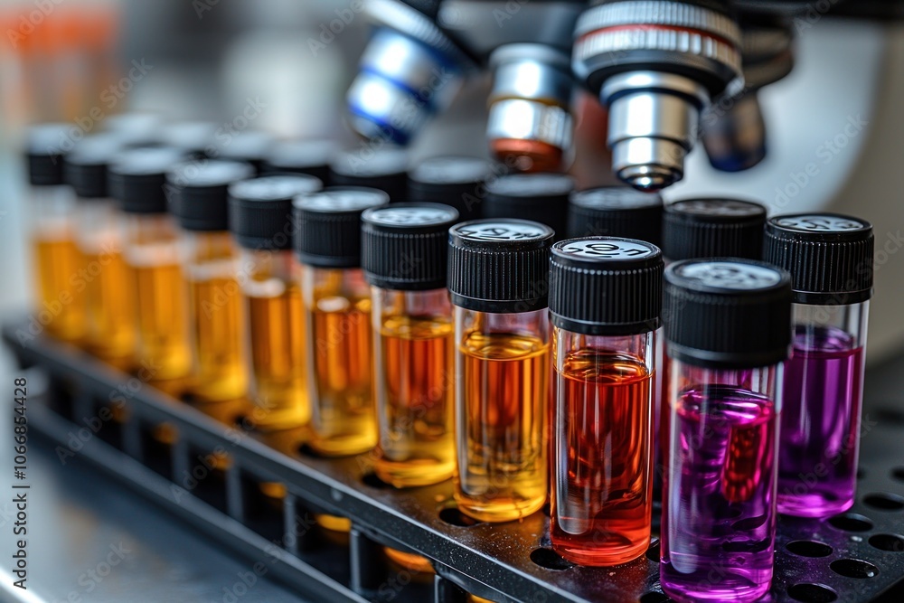 Poster Close-up of Test Tubes with Colorful Liquids in a Lab Rack
