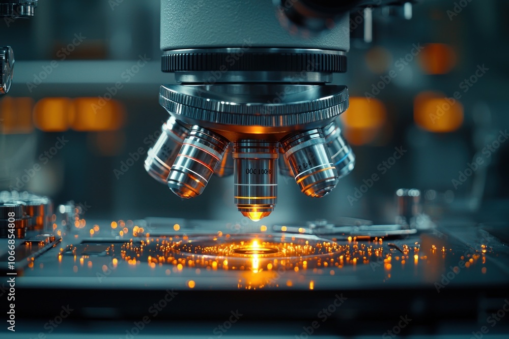 Poster Microscope Close-Up with Illuminated Stage and Lens